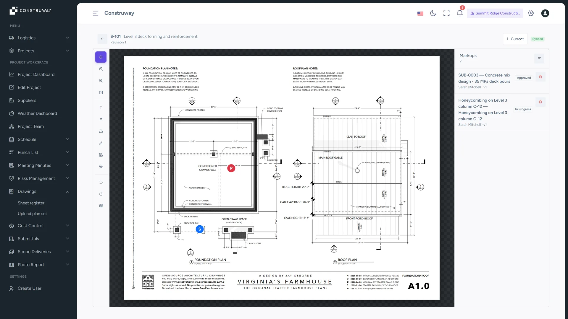 Drawing viewer with revision cloud markups and a linked punch list pin