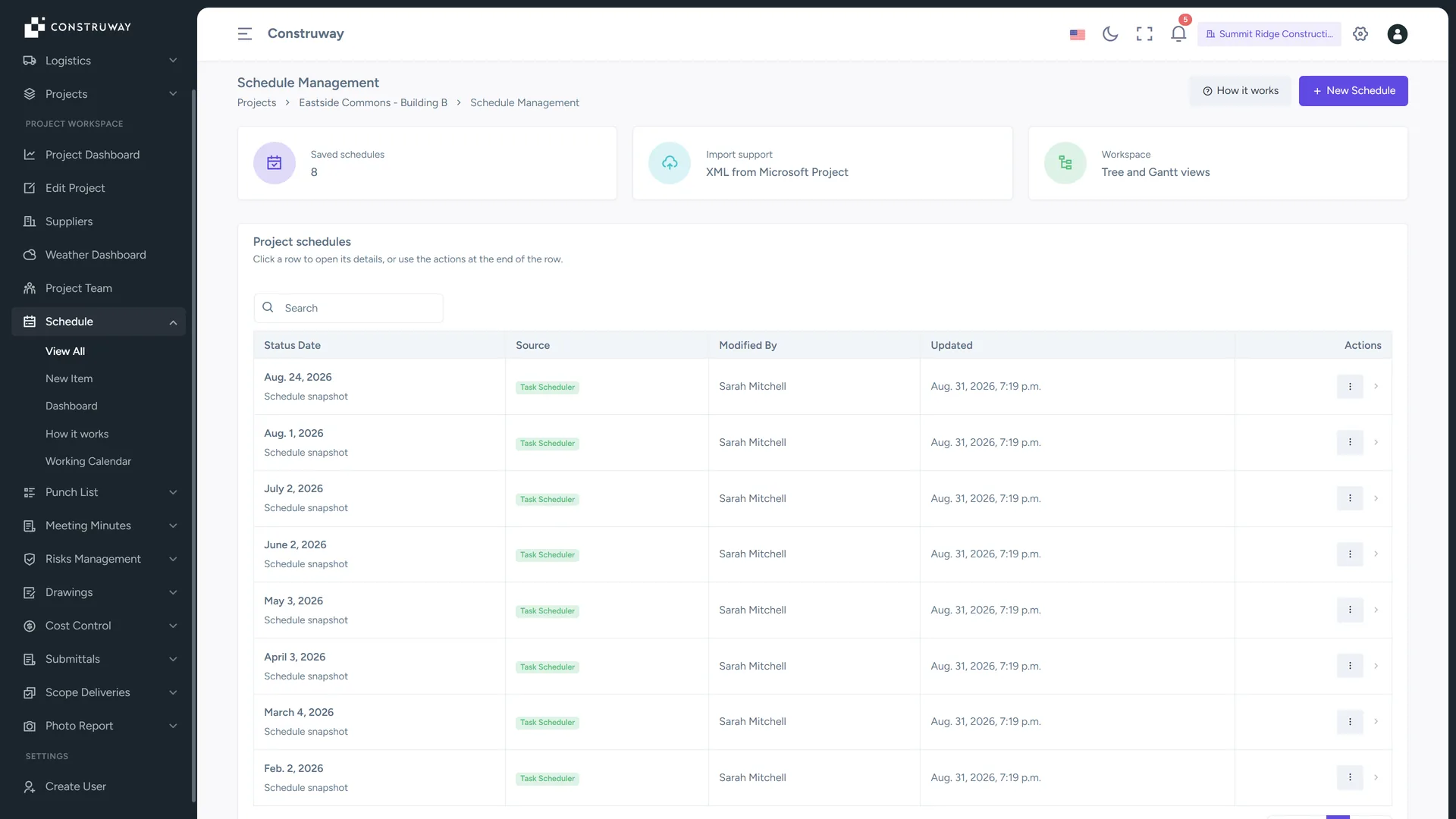 Schedule register in Construway listing status-date snapshots and their import source