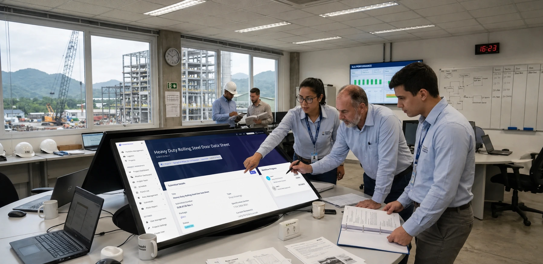 Engineers reviewing submittal packages on a multi-level approval platform