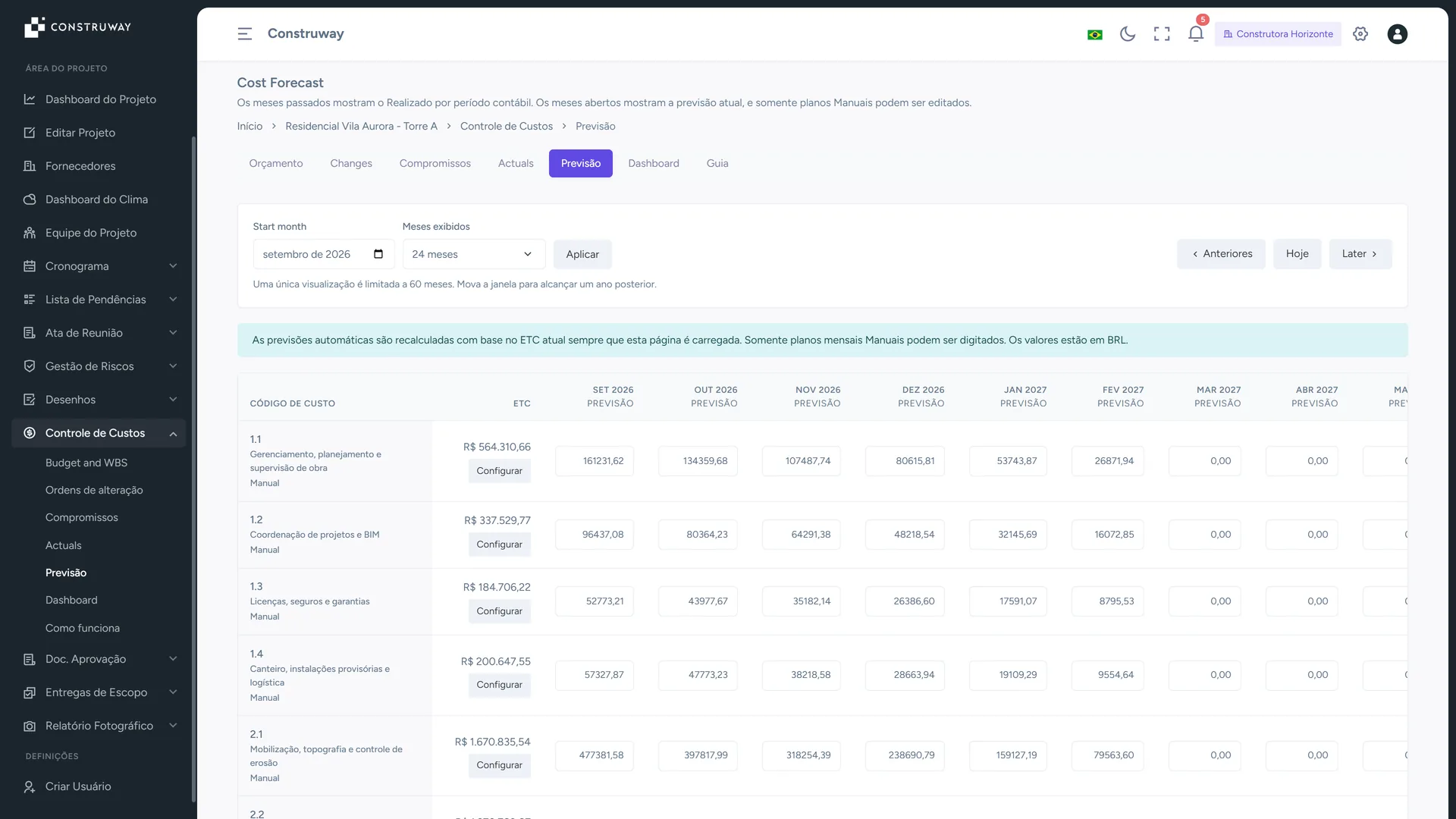 Grade de previsão de custos na Construway com ETC por código de custo e colunas mensais editáveis